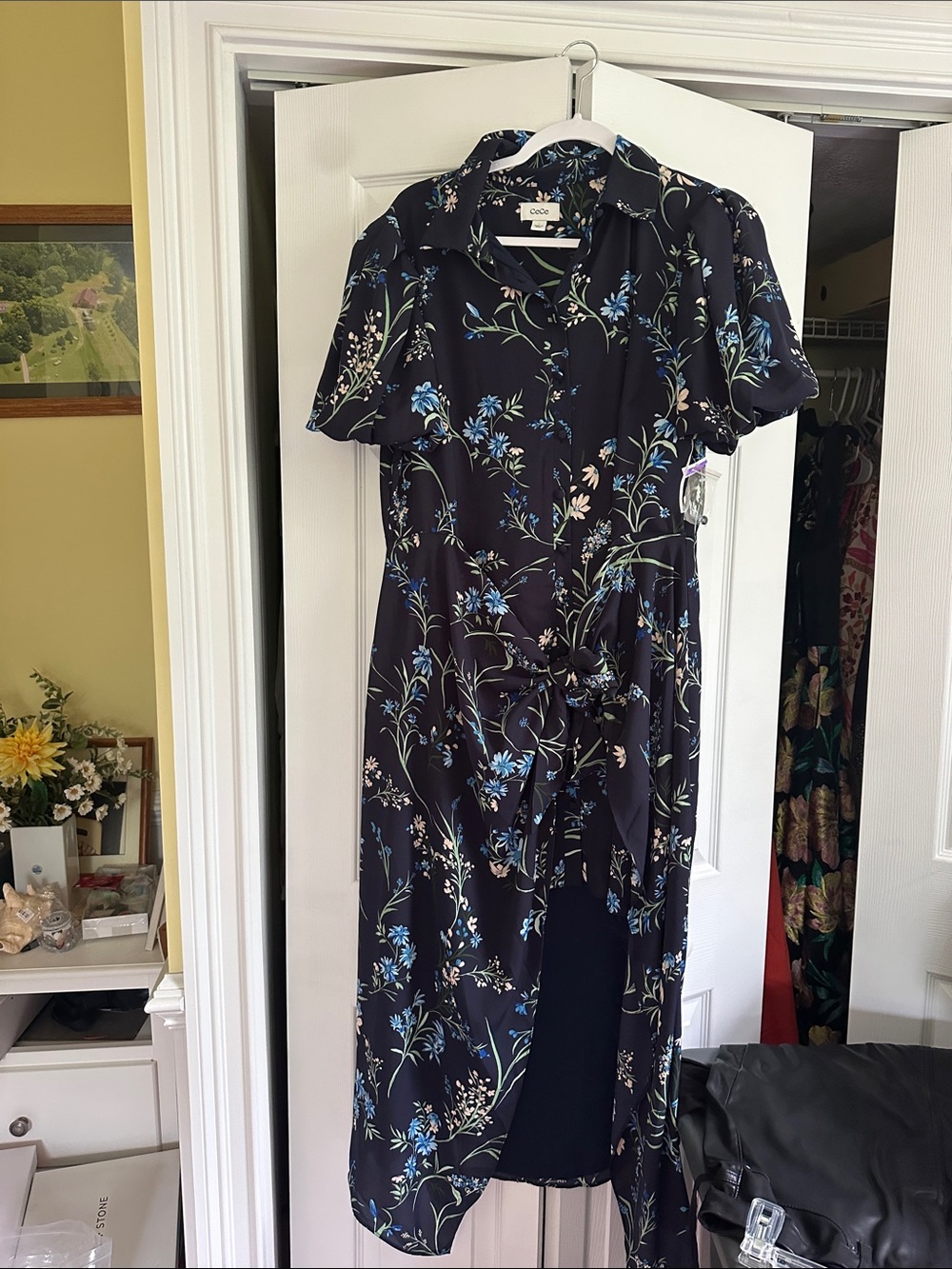 CeCe Navy Floral Button-Front Tie-Waist Midi Dress